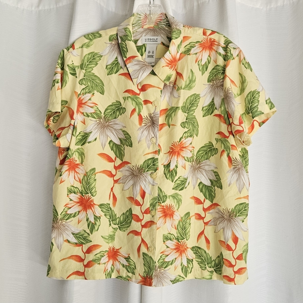 Lizgolf 100% silk Hawaiian print button up short sleeve structured shirt